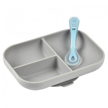 Набор посуды Beaba тарелка ложка Set repas silicone avec ventouse Grey/при покупке с продукцией