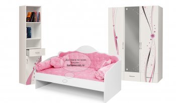Комната для подростка ABC King Princess: 4 предмета: диван - кровать, трехдв. шкаф, стеллаж узкий розовый 160*90/белый левый