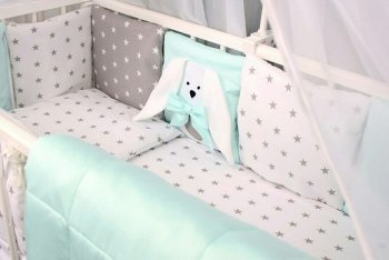 Комплект постельного белья в кроватку Happy Family &quot;Добрые сны - зайка&quot; (5 предметов) Белый, мята
