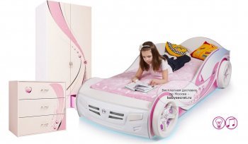 Комната для подростка ABC King Princess 3 предмета: кровать-машина, комод, двухдвер. шкаф белый/160*90 со звуком и подсветкой 