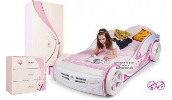 Комната для подростка ABC King Princess 3 предмета: кровать-машина, комод, двухдвер. шкаф белый/160*90 без звука и подсветки 