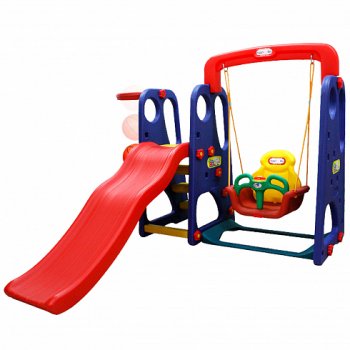 Игровой детский комплекс Happy Box с горкой, качелями, муз. панелью и баскетбольным кольцом (JM-701W)