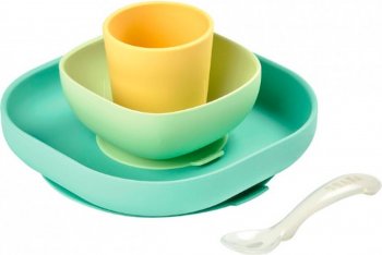 Набор посуды Beaba Silicone Meal Set (2 тарелки, стакан, ложка) yellow/при покупке с продукцией