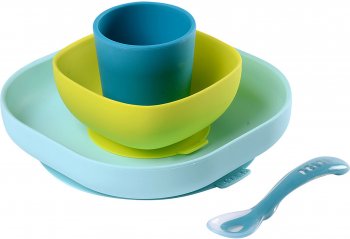 Набор посуды Beaba Silicone Meal Set (2 тарелки, стакан, ложка) blue/при покупке с продукцией