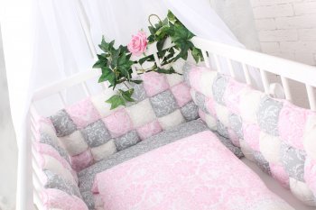 Комплект постельного белья в кроватку Happy Family с бомбон бортиками &quot;Сказка-розовый&quot; (6 предметов) Белый, серый, розовый