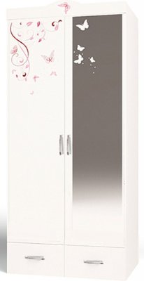 Двустворчатый шкаф ABC King Фея (зеркало, рисунок бабочки) без/со стразами Swarovski Белый со стразами