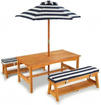 Стол с двумя скамейками и зонтом KidKraft (00500_KE/00106_KE) сине-белые полосы