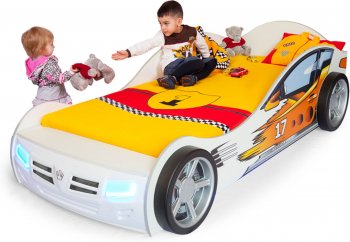 Детская кровать-машина ABC King (Advesta) Champion Белый (190х90) В комплекте: подсветка, звук, подъемный механизм