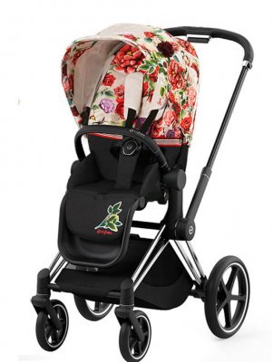 Прогулочная коляска Cybex Priam и e-Priam IV FE Spring Blossom Light шасси Chrome Black