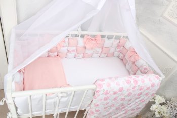 Комплект постельного белья в кроватку Happy Family с бомбон бортиками &quot;Розовый сад&quot; (6 предметов) Белый, розовый