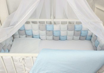 Комплект постельного белья в кроватку Happy Family с бомбон бортиками &quot;Тихий час&quot; (6 предметов) Белый, серый, голубой