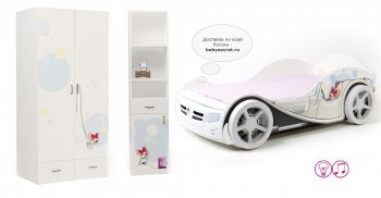 Детская комната ABC King Molly 3 предмета: кровать-машина, 2-х дверный шкаф, узкий стеллаж (левый или правый) в комплекте с кроватью (190х90) без звука и света