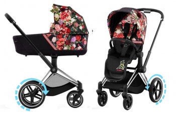 Коляска 2 в 1 Cybex Priam и e-Priam IV FE Spring Blossom Dark шасси e-Priam Chrome Black