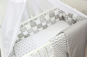 Комплект постельного белья в кроватку Happy Family с бомбон бортиками &quot;Тишина&quot; (6 предметов) Белый, серый
