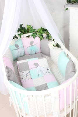 Комплект постельного белья в кроватку Happy Family &quot;Танцующие балерины&quot; (6 предметов) Мята, серый, розовый